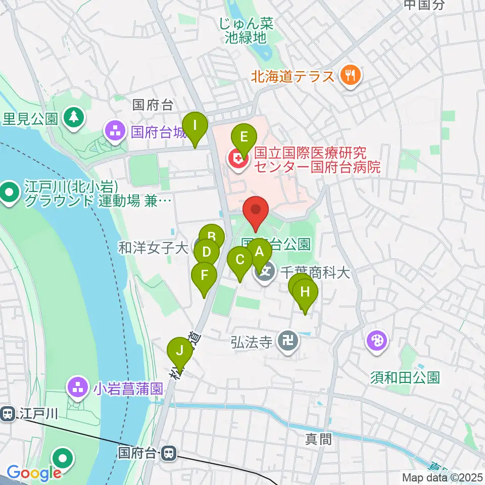 国府台スタジアム周辺のファミレス・ファーストフード一覧地図