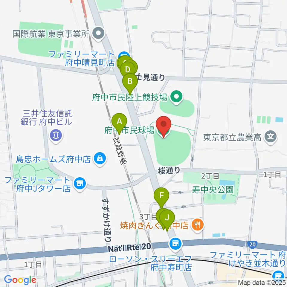 府中市民球場周辺のファミレス・ファーストフード一覧地図