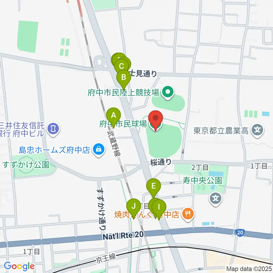 府中市民球場周辺のファミレス・ファーストフード一覧地図