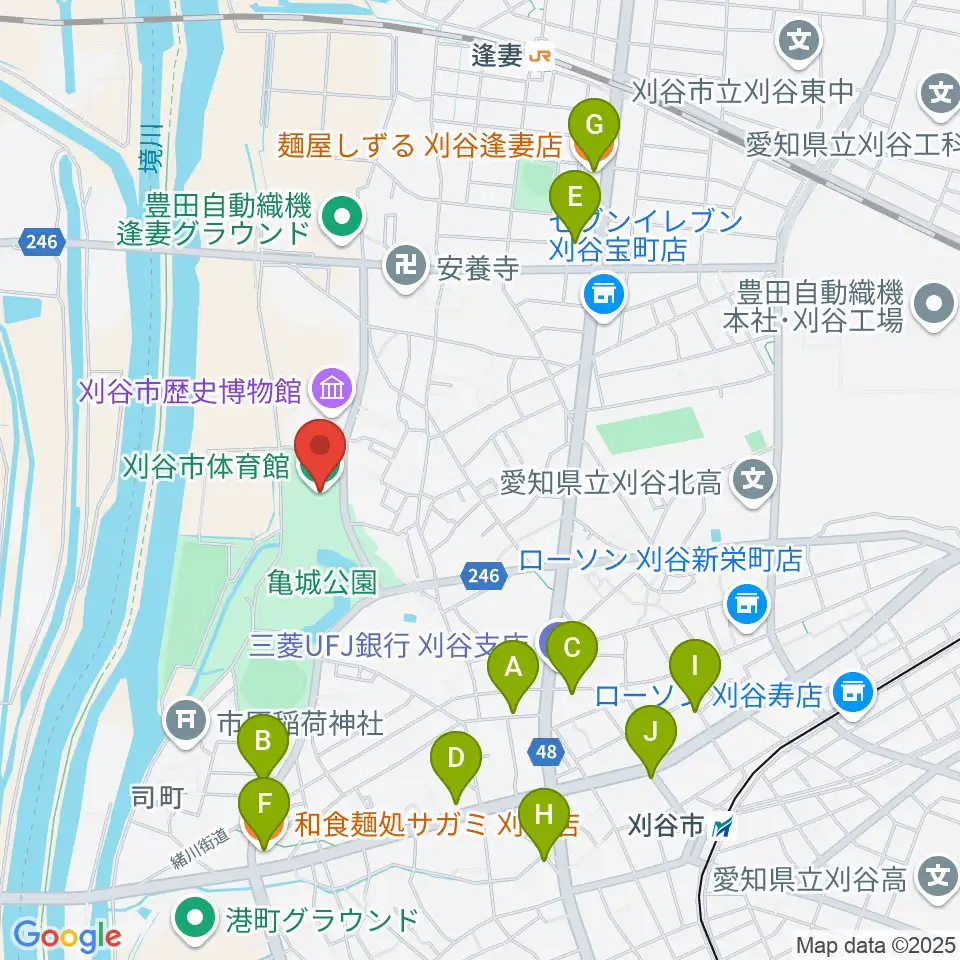 刈谷市体育館周辺のファミレス・ファーストフード一覧地図