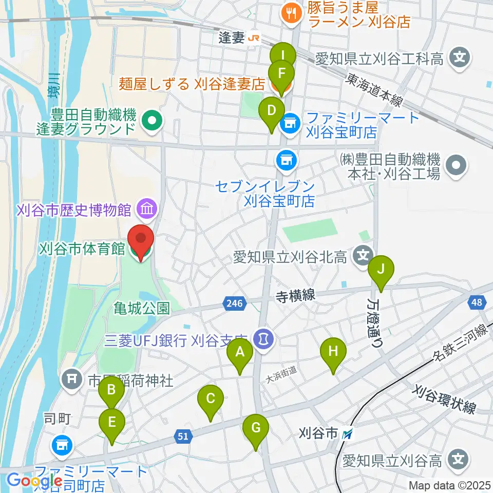 刈谷市体育館周辺のファミレス・ファーストフード一覧地図