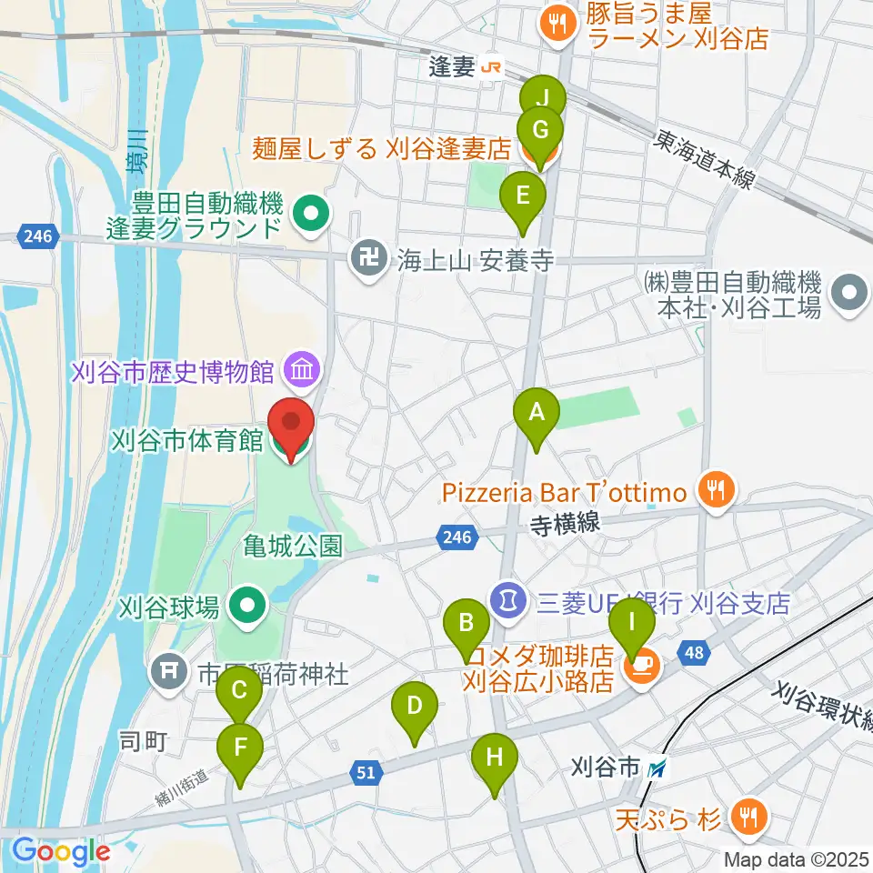 刈谷市体育館周辺のファミレス・ファーストフード一覧地図