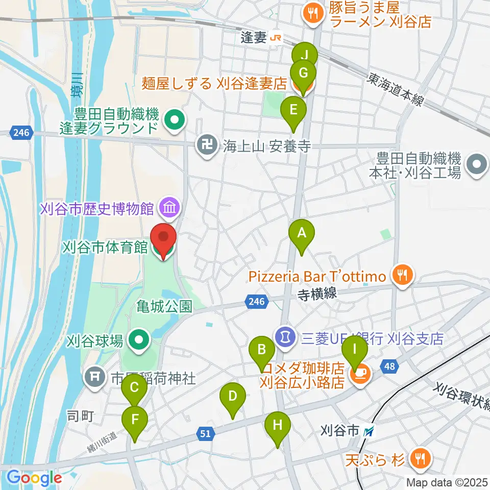 刈谷市体育館周辺のファミレス・ファーストフード一覧地図