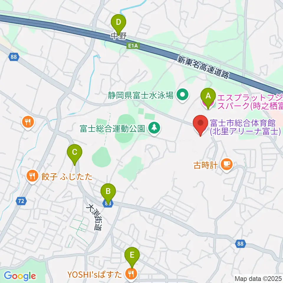 北里アリーナ富士周辺のファミレス・ファーストフード一覧地図