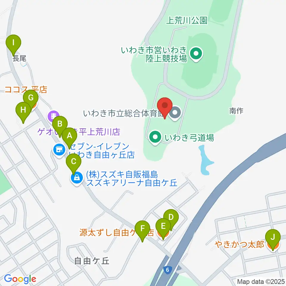 いわき市立総合体育館周辺のファミレス・ファーストフード一覧地図