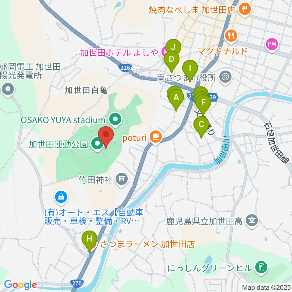 南さつま市加世田運動公園体育館周辺のファミレス・ファーストフード一覧地図