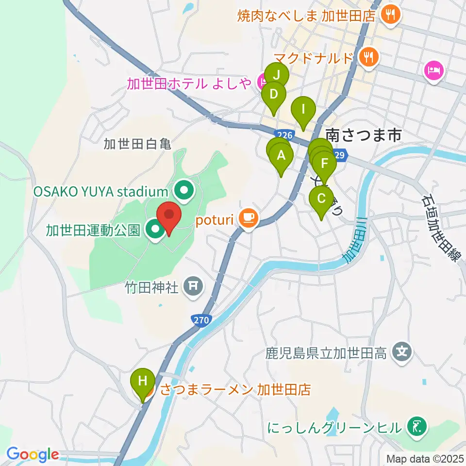 南さつま市加世田運動公園体育館周辺のファミレス・ファーストフード一覧地図