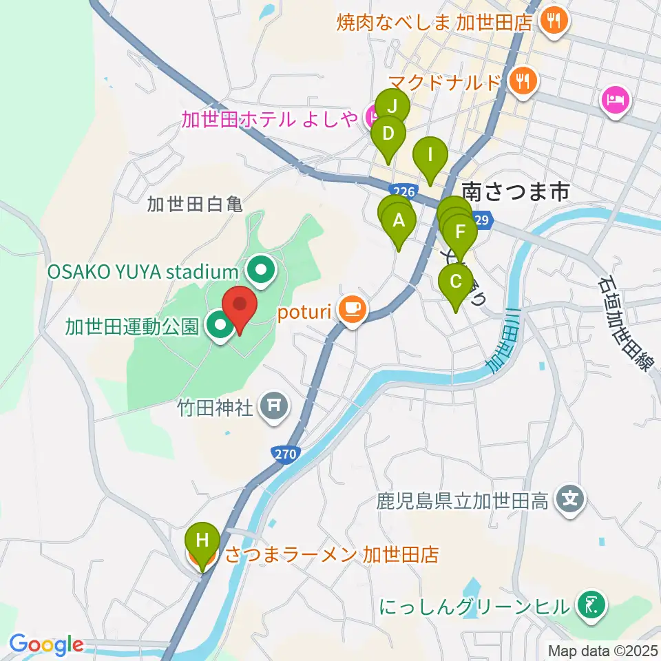 南さつま市加世田運動公園体育館周辺のファミレス・ファーストフード一覧地図