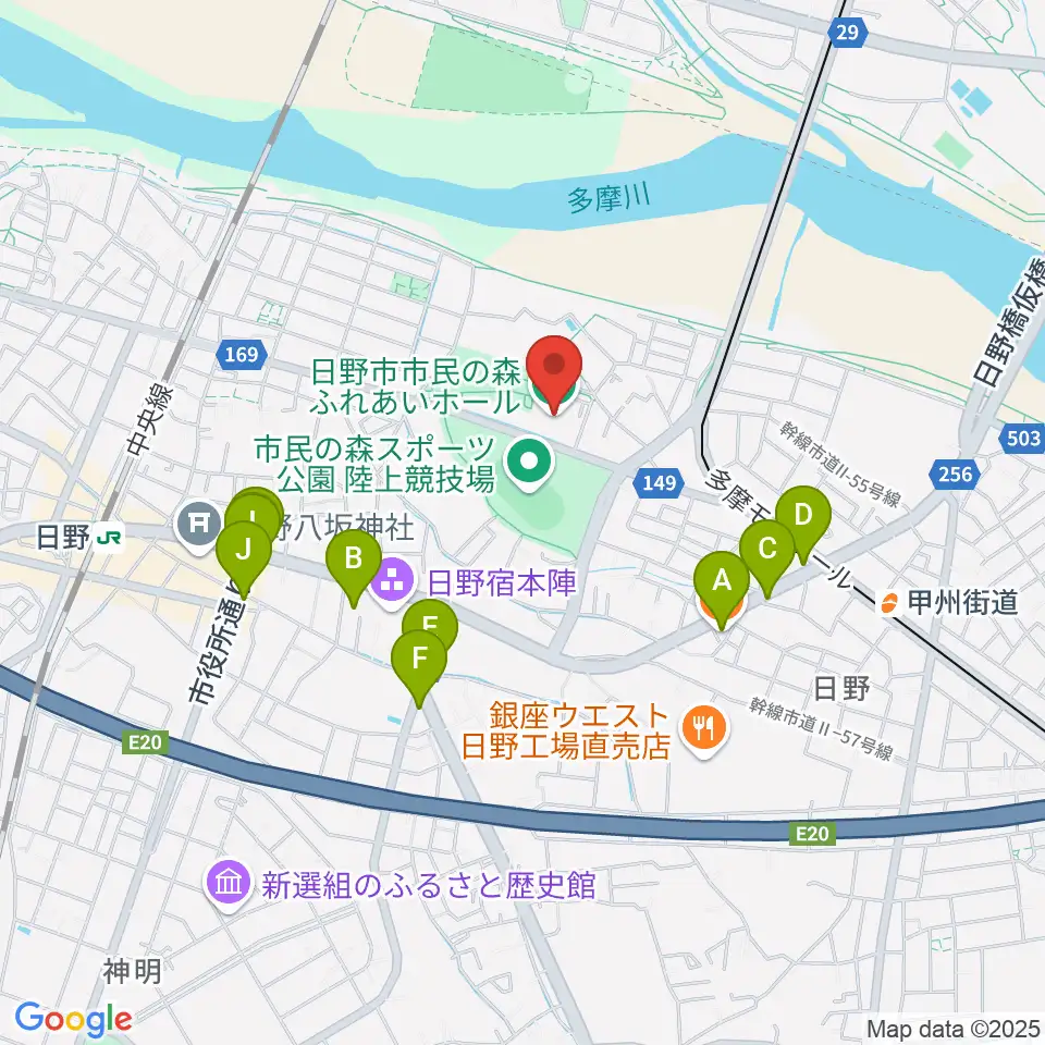 日野市市民の森ふれあいホール周辺のファミレス・ファーストフード一覧地図