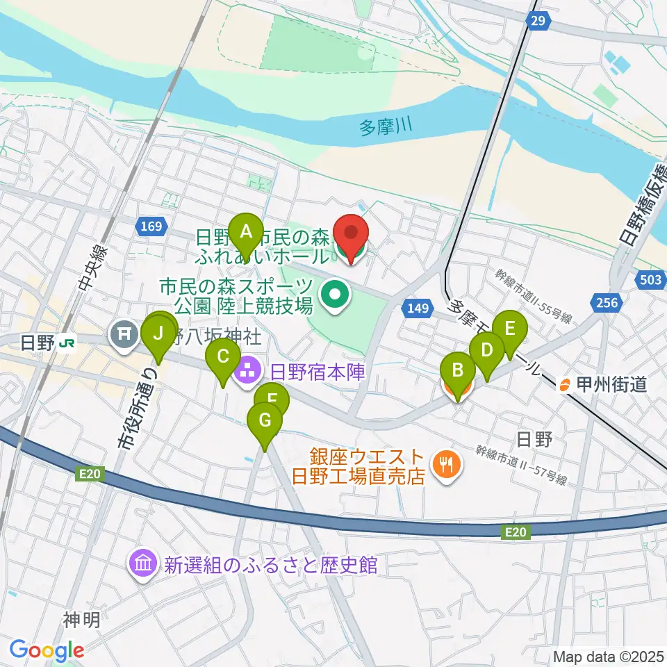 日野市市民の森ふれあいホール周辺のファミレス・ファーストフード一覧地図
