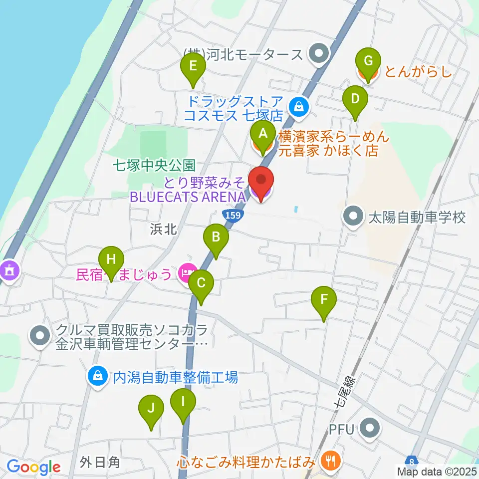 とり野菜みそ BLUECATS ARENA周辺のファミレス・ファーストフード一覧地図