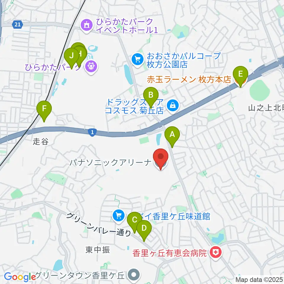 パナソニックアリーナ周辺のファミレス・ファーストフード一覧地図