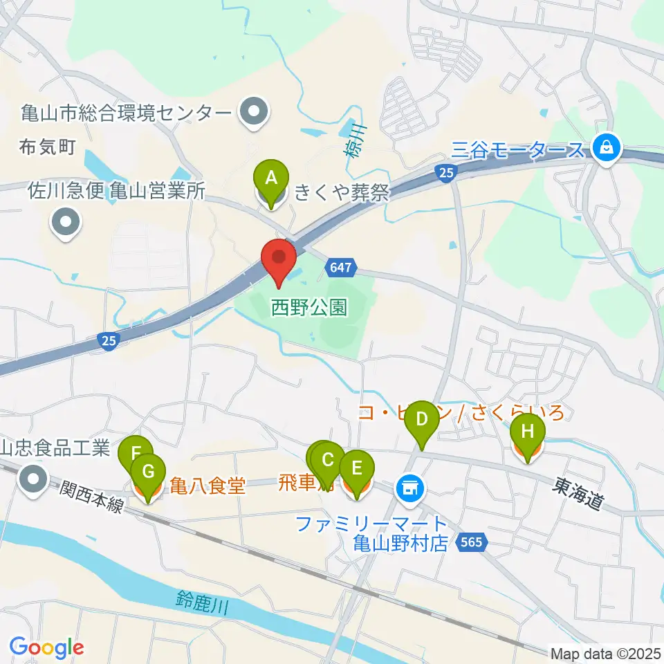 亀山市西野公園体育館周辺のファミレス・ファーストフード一覧地図