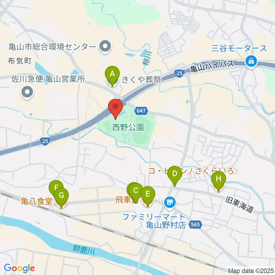 亀山市西野公園体育館周辺のファミレス・ファーストフード一覧地図
