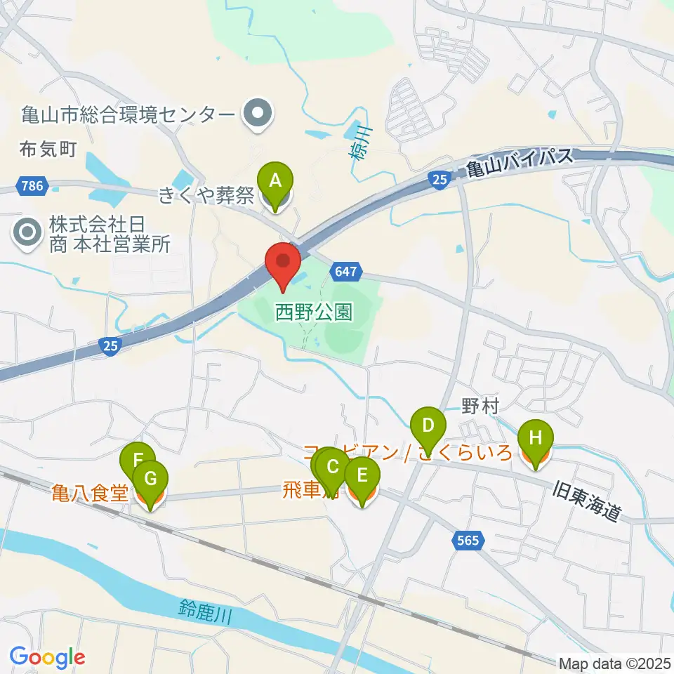 亀山市西野公園体育館周辺のファミレス・ファーストフード一覧地図