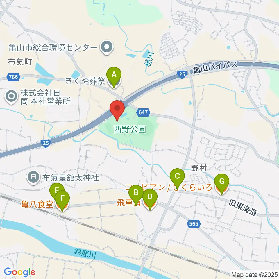 亀山市西野公園体育館周辺のファミレス・ファーストフード一覧地図