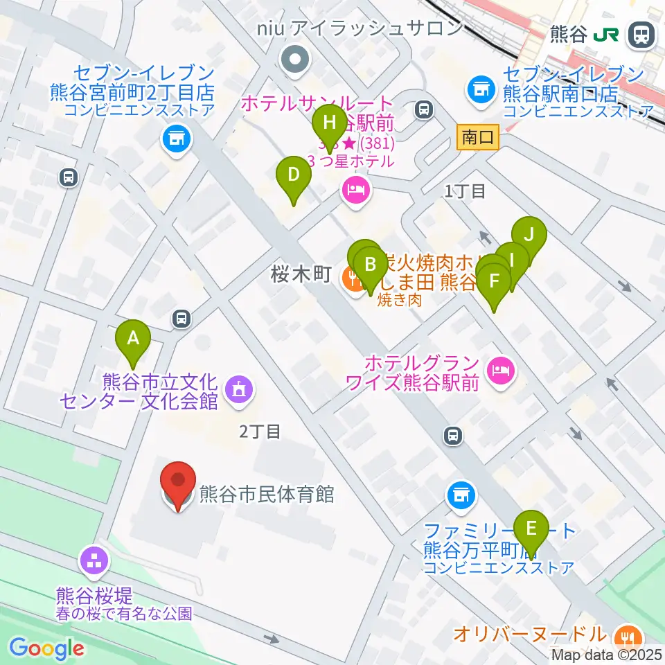 熊谷市立市民体育館周辺のファミレス・ファーストフード一覧地図