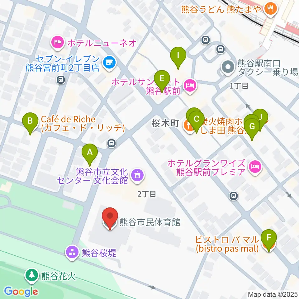 熊谷市立市民体育館周辺のファミレス・ファーストフード一覧地図