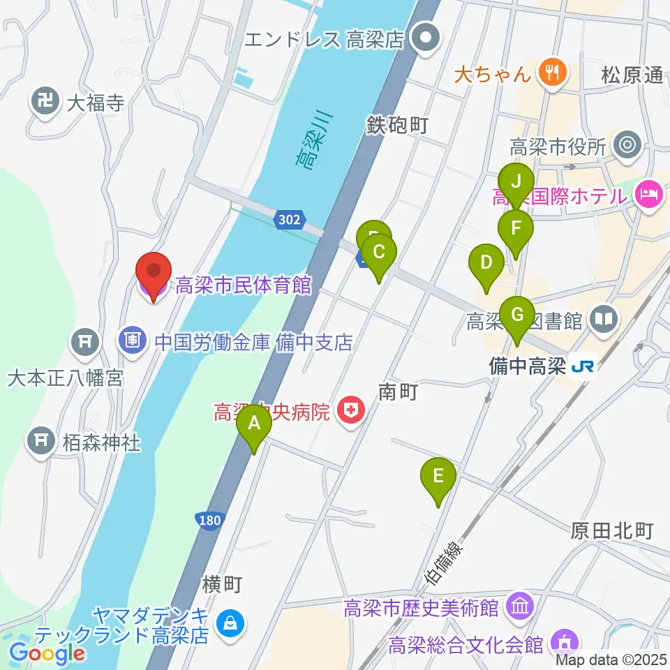 高梁市民体育館周辺のファミレス・ファーストフード一覧地図