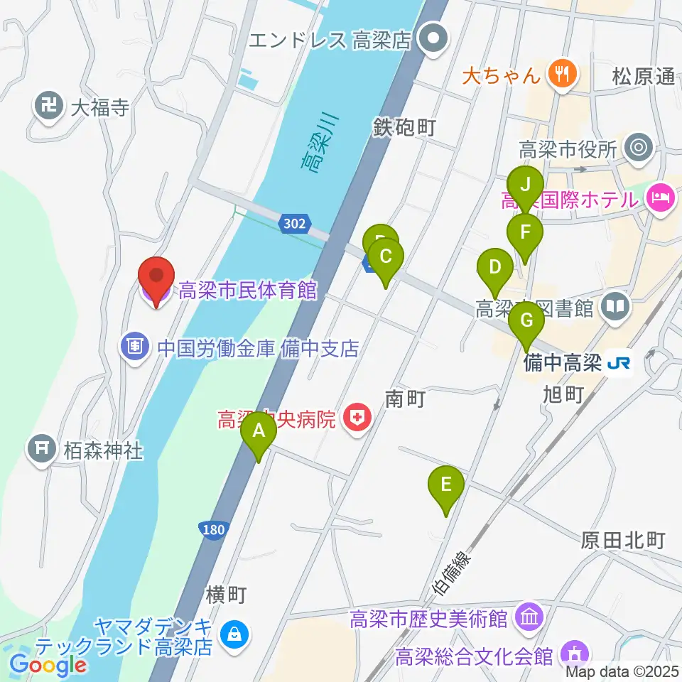 高梁市民体育館周辺のファミレス・ファーストフード一覧地図