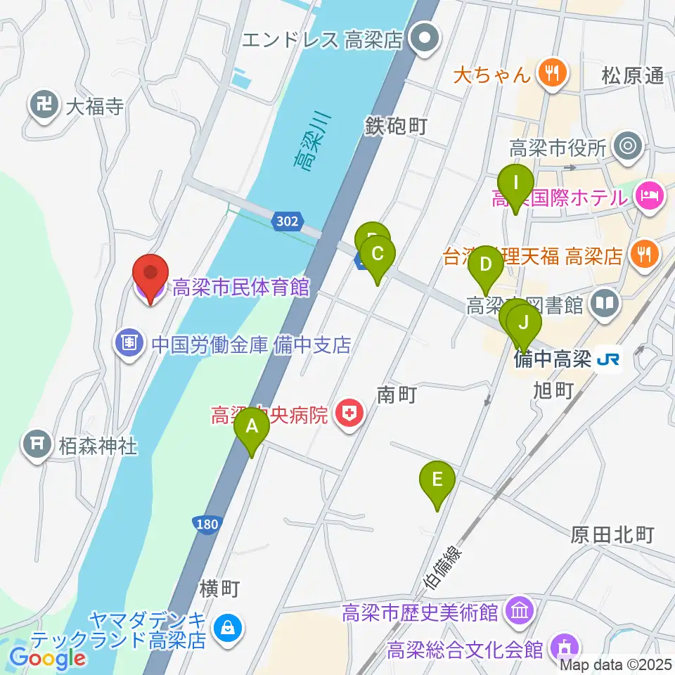 高梁市民体育館周辺のファミレス・ファーストフード一覧地図
