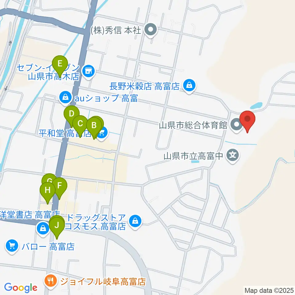 山県市総合体育館周辺のファミレス・ファーストフード一覧地図