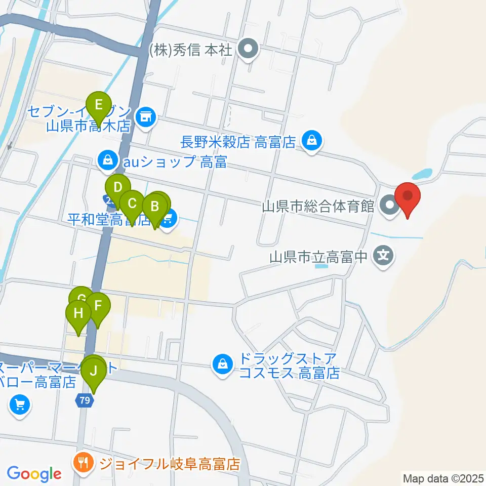 山県市総合体育館周辺のファミレス・ファーストフード一覧地図