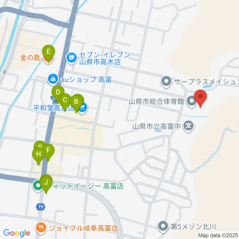山県市総合体育館周辺のファミレス・ファーストフード一覧地図