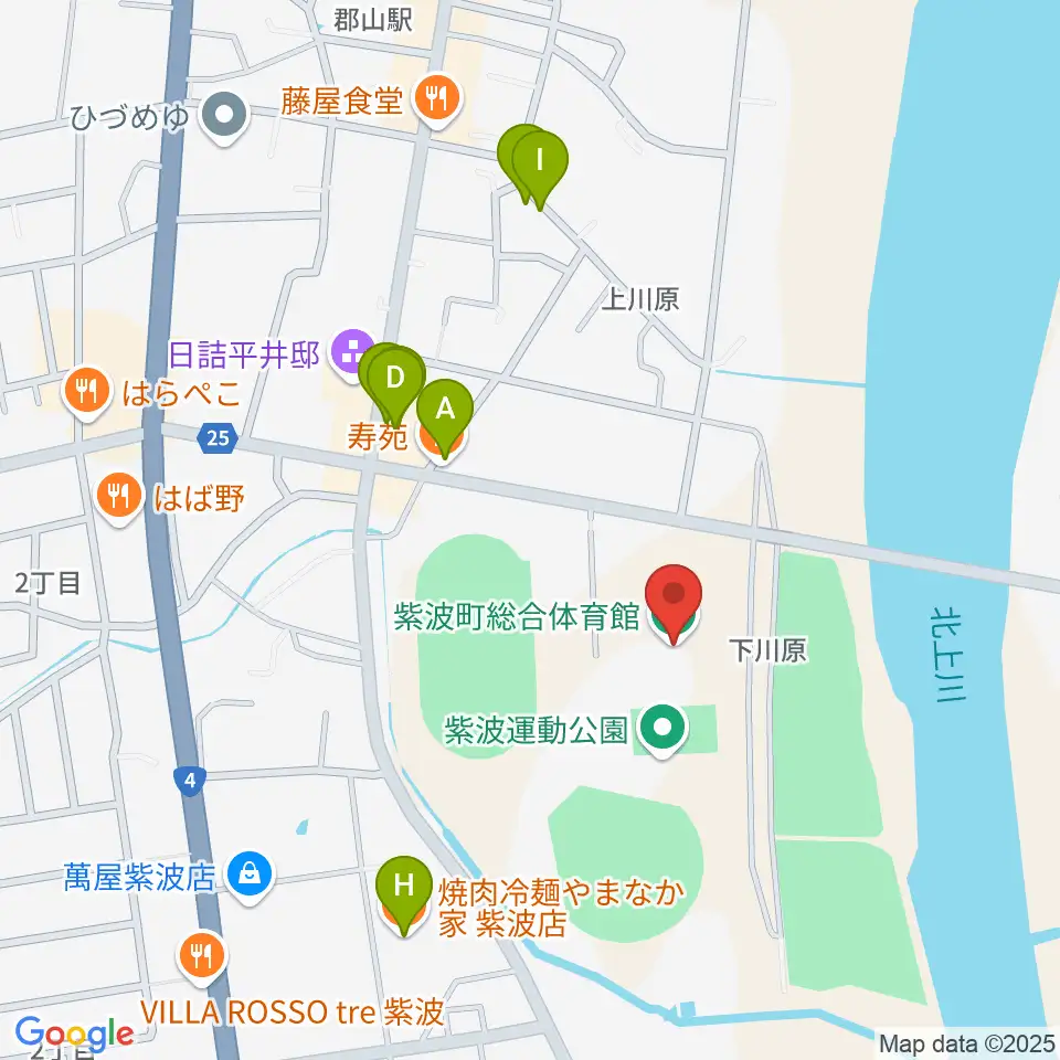 紫波町総合体育館周辺のファミレス・ファーストフード一覧地図
