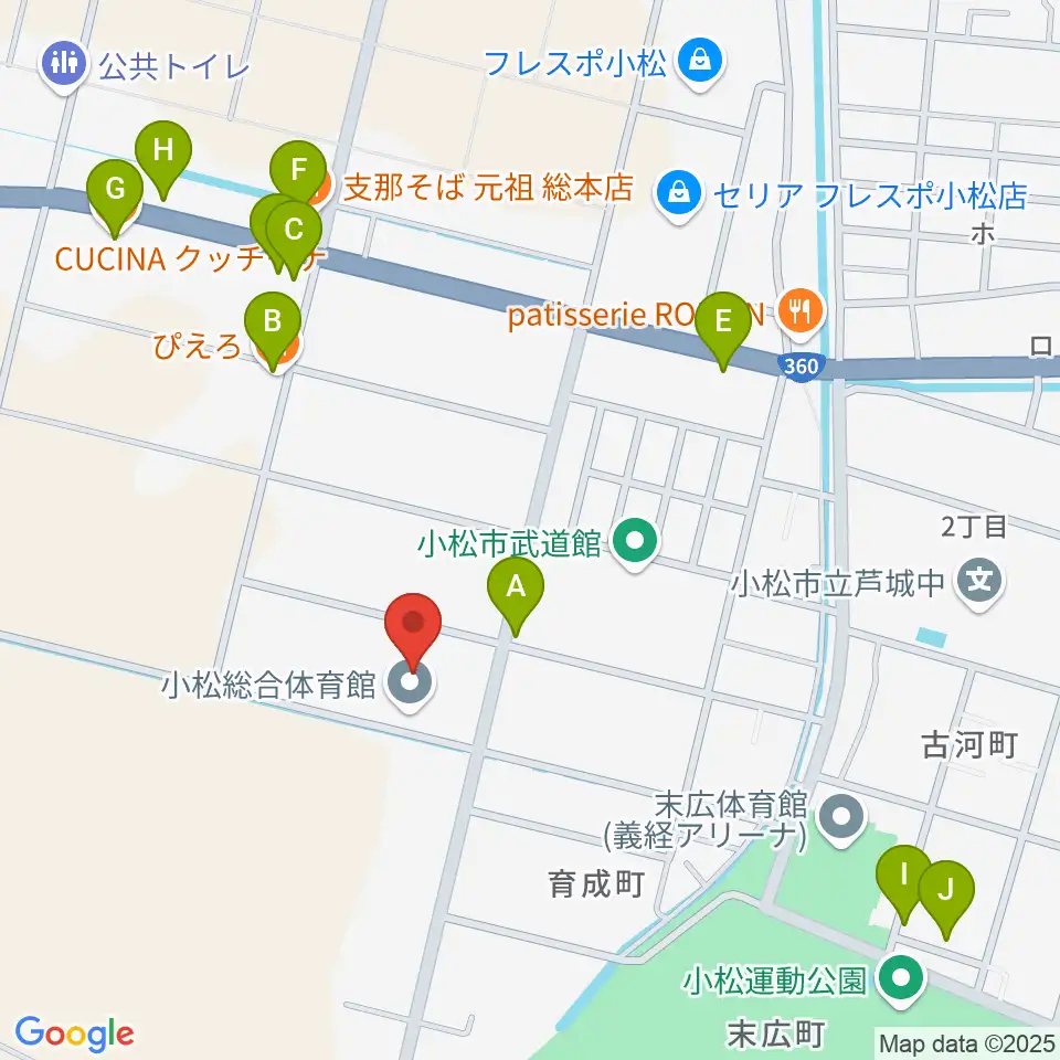 小松総合体育館周辺のファミレス・ファーストフード一覧地図