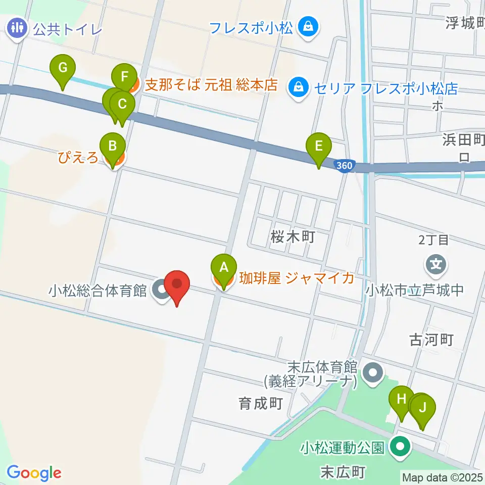 小松総合体育館周辺のファミレス・ファーストフード一覧地図
