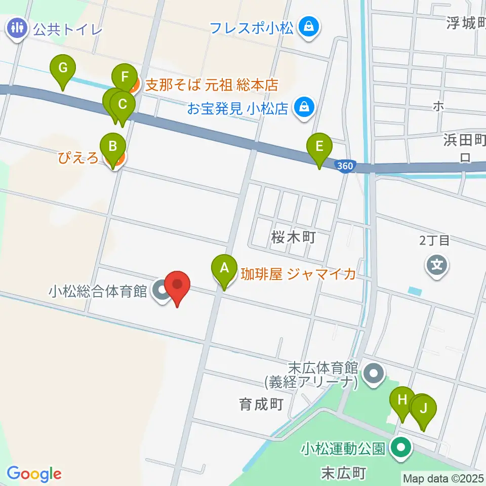 小松総合体育館周辺のファミレス・ファーストフード一覧地図