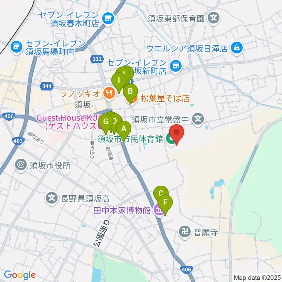 須坂市市民体育館周辺のファミレス・ファーストフード一覧地図