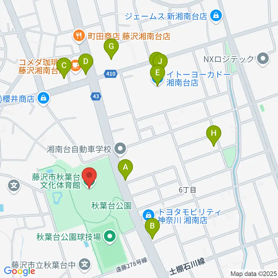 藤沢市秋葉台文化体育館周辺のファミレス・ファーストフード一覧地図