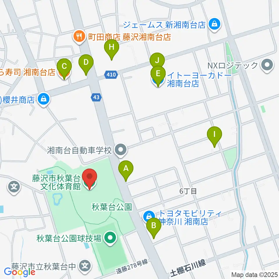 藤沢市秋葉台文化体育館周辺のファミレス・ファーストフード一覧地図