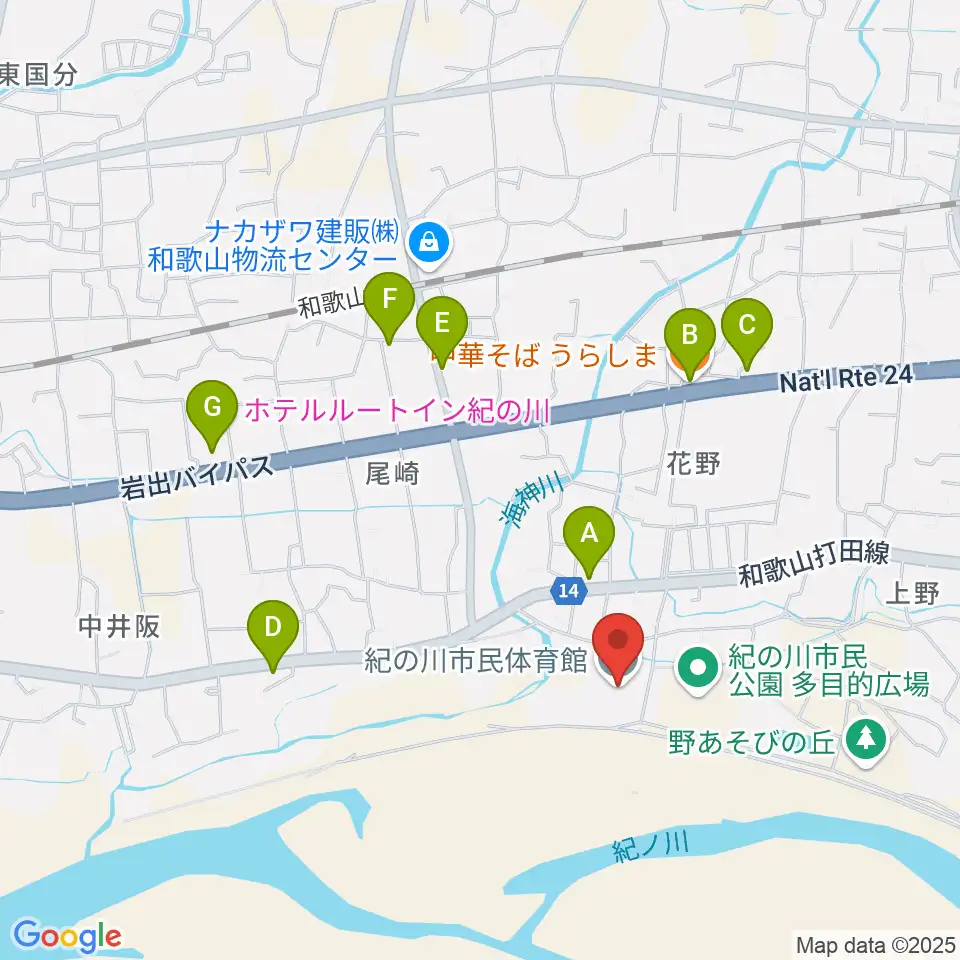 紀の川市民体育館周辺のファミレス・ファーストフード一覧地図