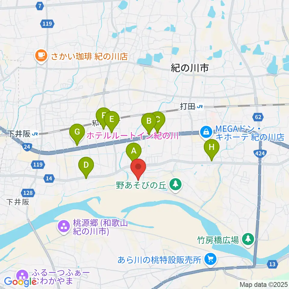 紀の川市民体育館周辺のファミレス・ファーストフード一覧地図
