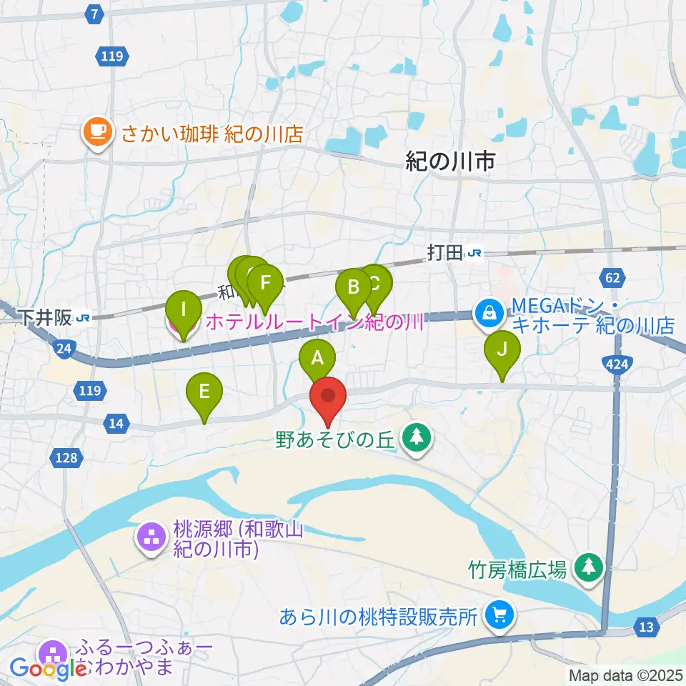 紀の川市民体育館周辺のファミレス・ファーストフード一覧地図