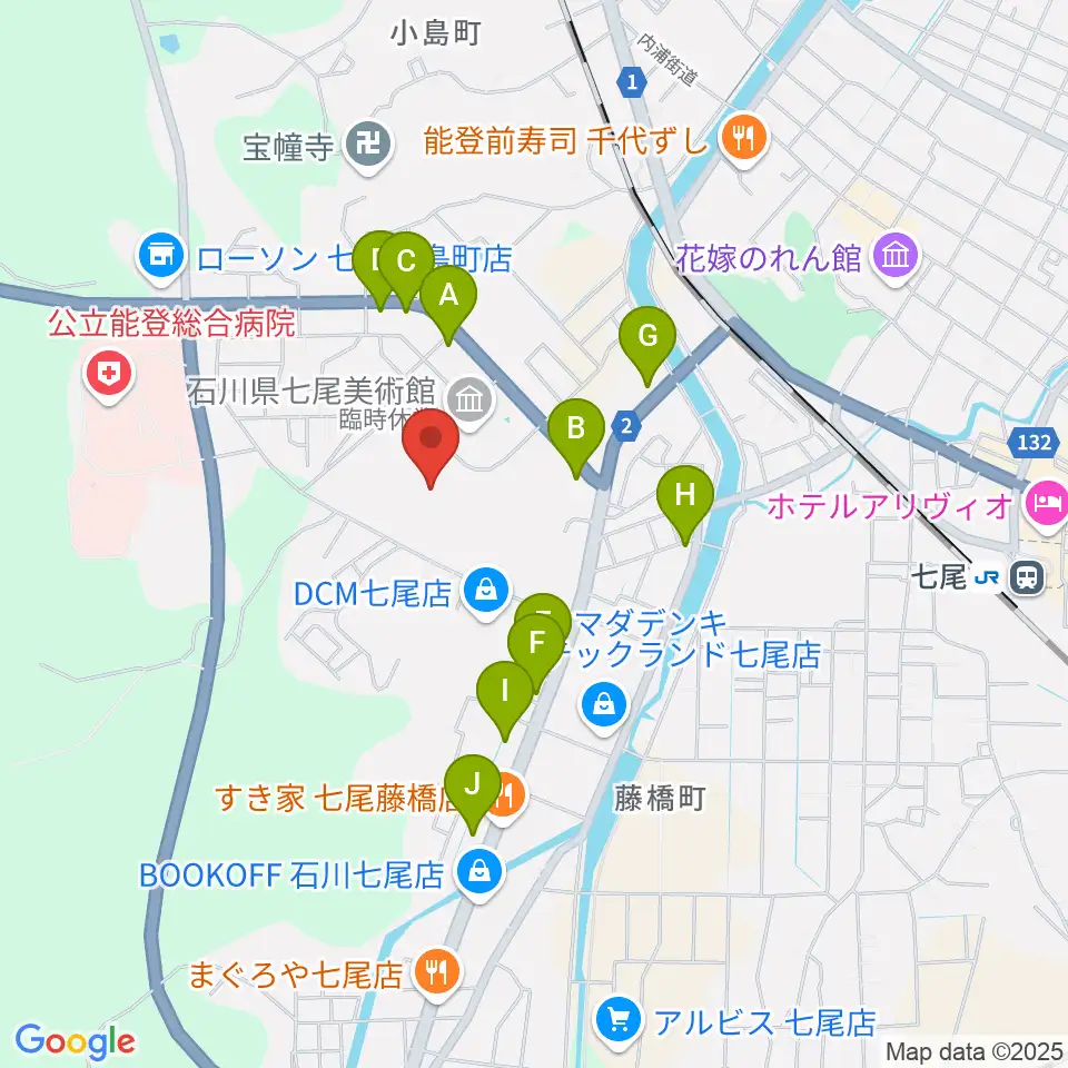 七尾総合市民体育館周辺のファミレス・ファーストフード一覧地図