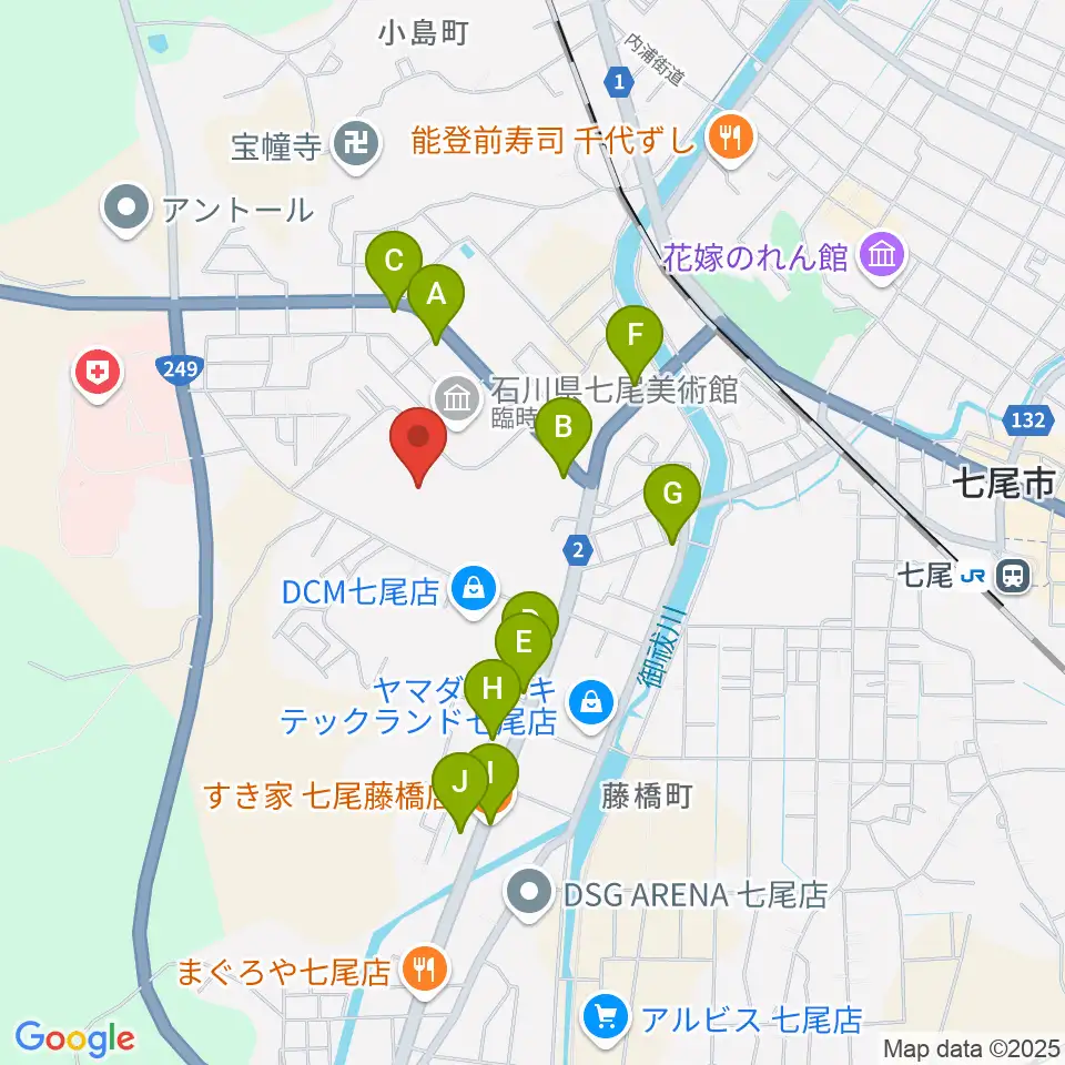 七尾総合市民体育館周辺のファミレス・ファーストフード一覧地図