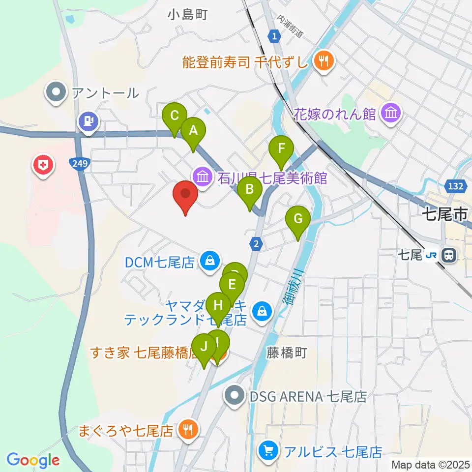 七尾総合市民体育館周辺のファミレス・ファーストフード一覧地図