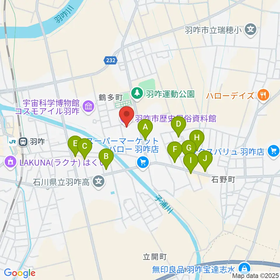 羽咋市歴史民俗資料館周辺のファミレス・ファーストフード一覧地図