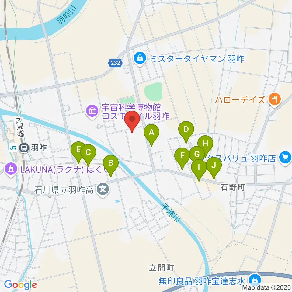 羽咋市歴史民俗資料館周辺のファミレス・ファーストフード一覧地図