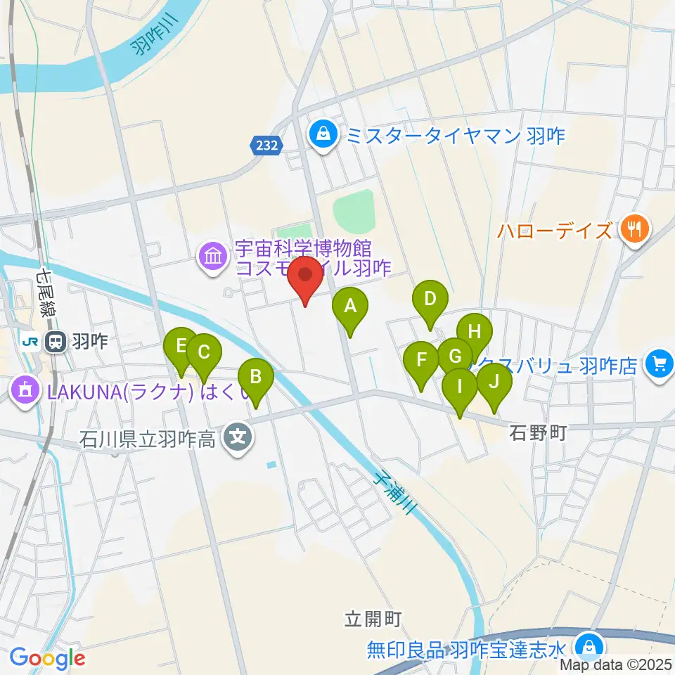 羽咋市歴史民俗資料館周辺のファミレス・ファーストフード一覧地図