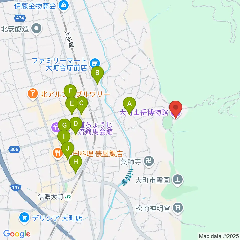 市立大町山岳博物館周辺のファミレス・ファーストフード一覧地図