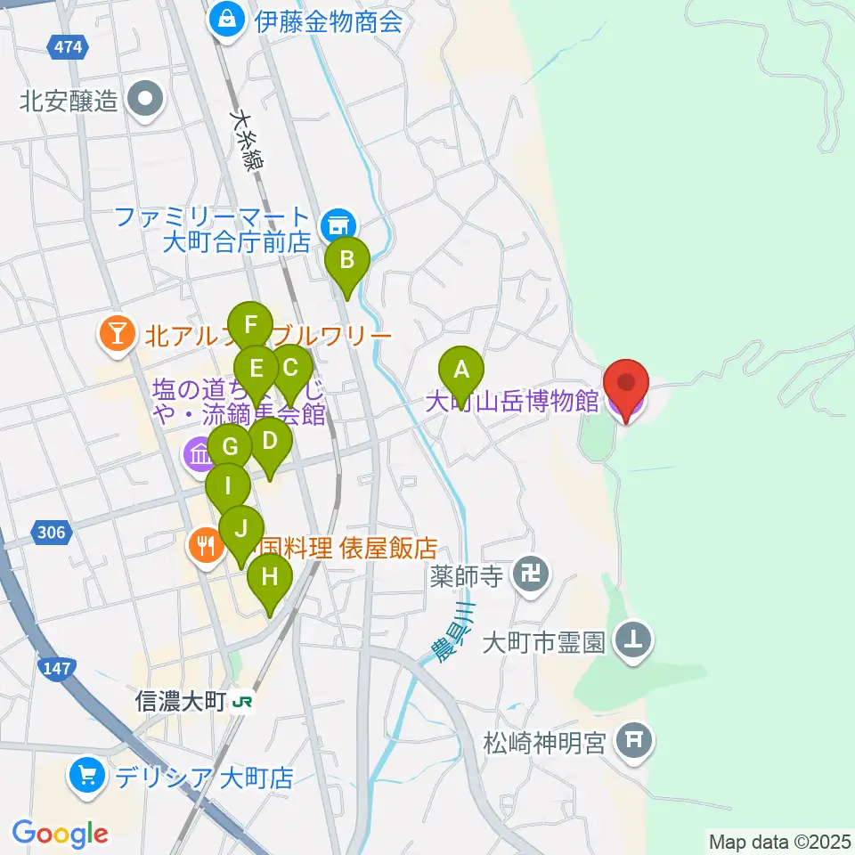 市立大町山岳博物館周辺のファミレス・ファーストフード一覧地図