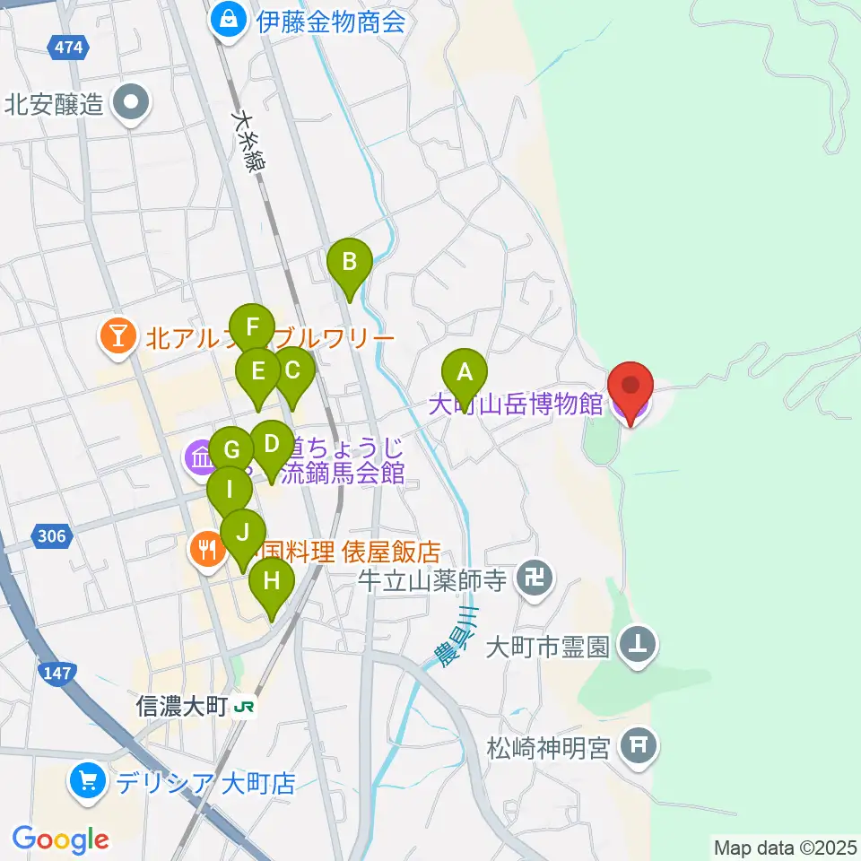 市立大町山岳博物館周辺のファミレス・ファーストフード一覧地図
