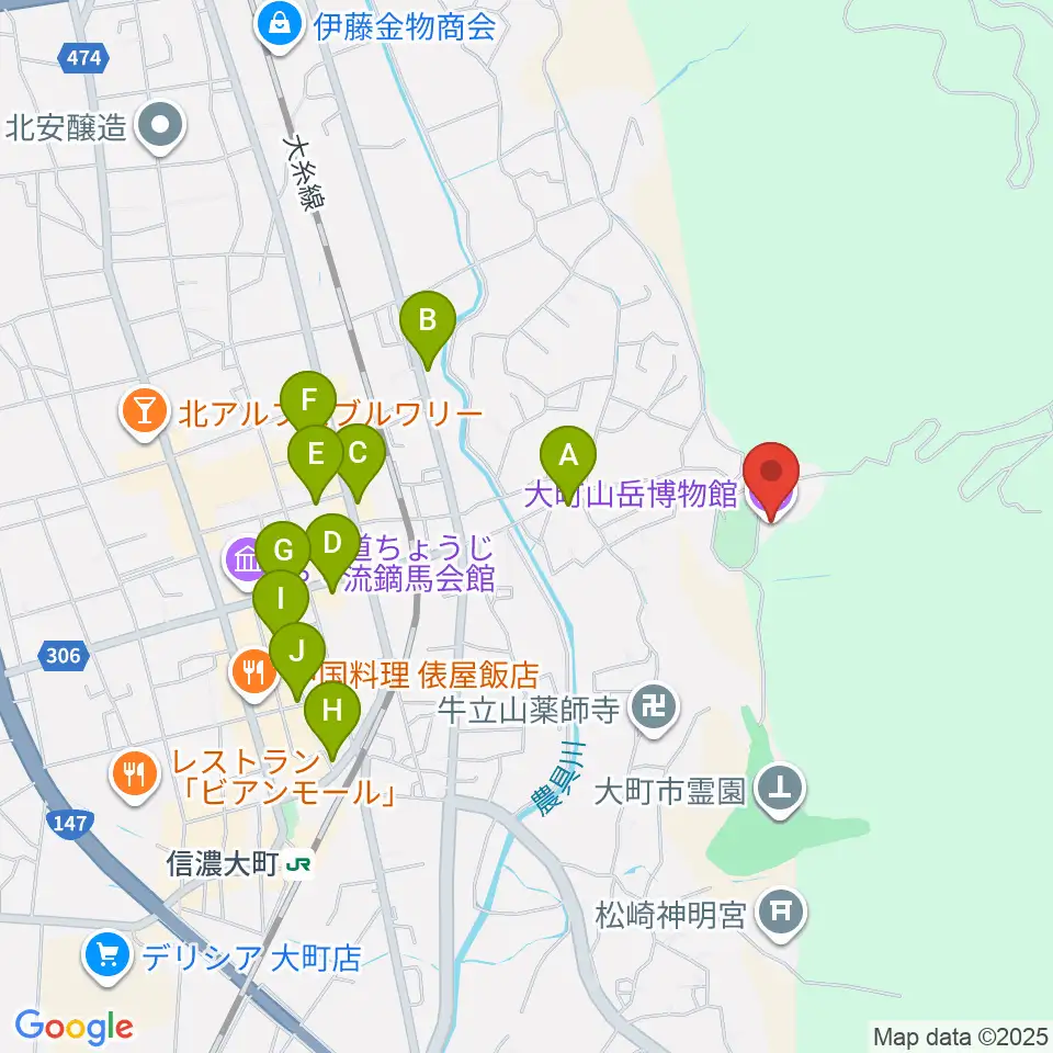 市立大町山岳博物館周辺のファミレス・ファーストフード一覧地図