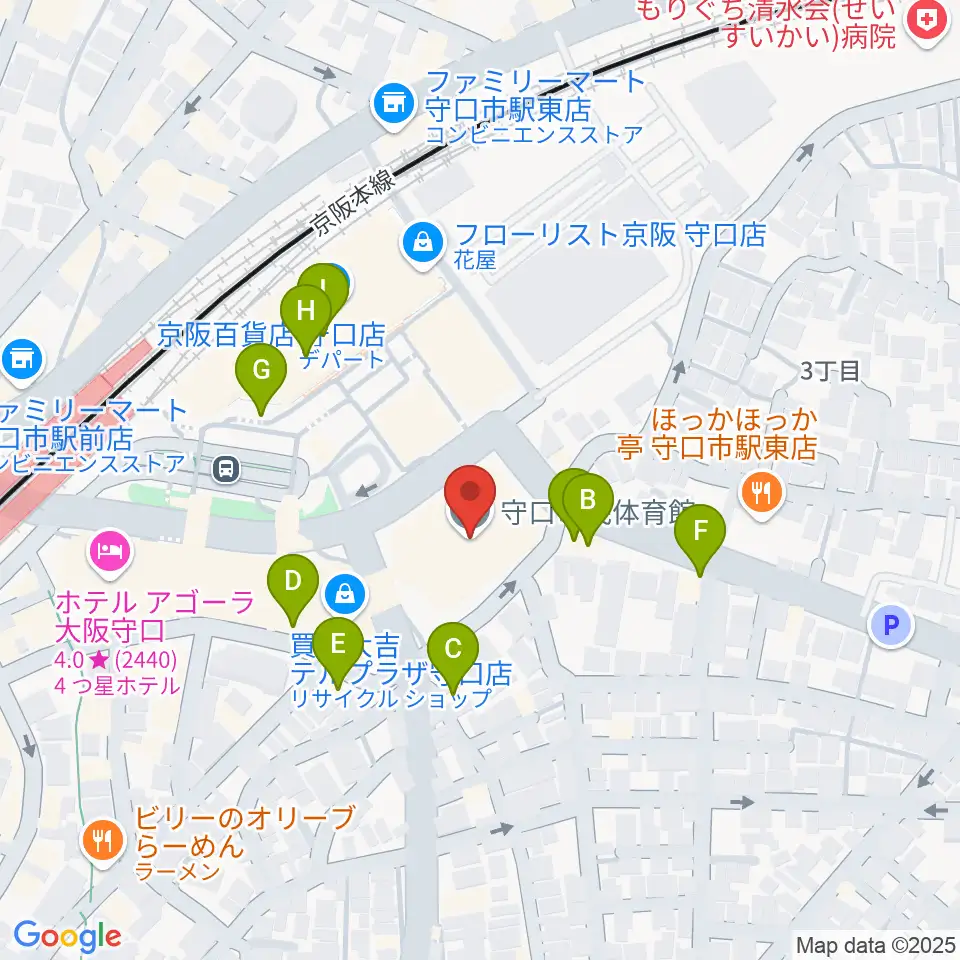 守口市民体育館周辺のファミレス・ファーストフード一覧地図