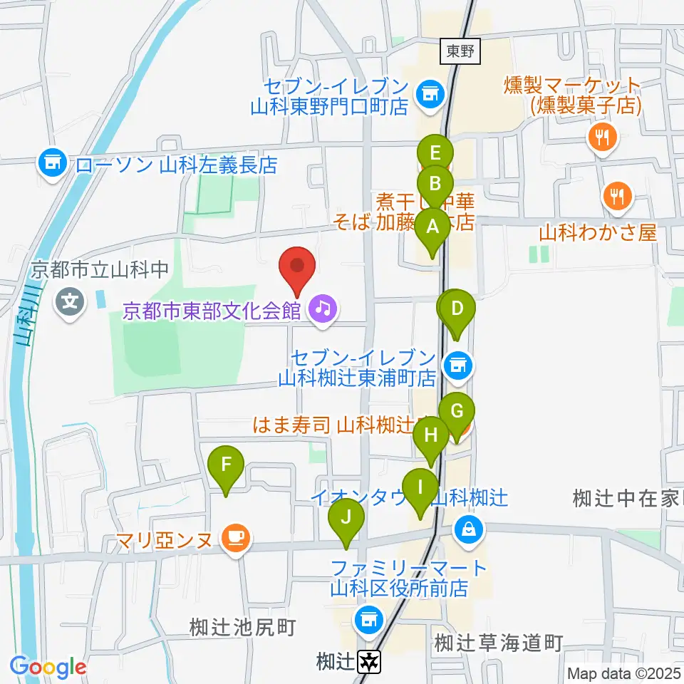 山科地域体育館周辺のファミレス・ファーストフード一覧地図